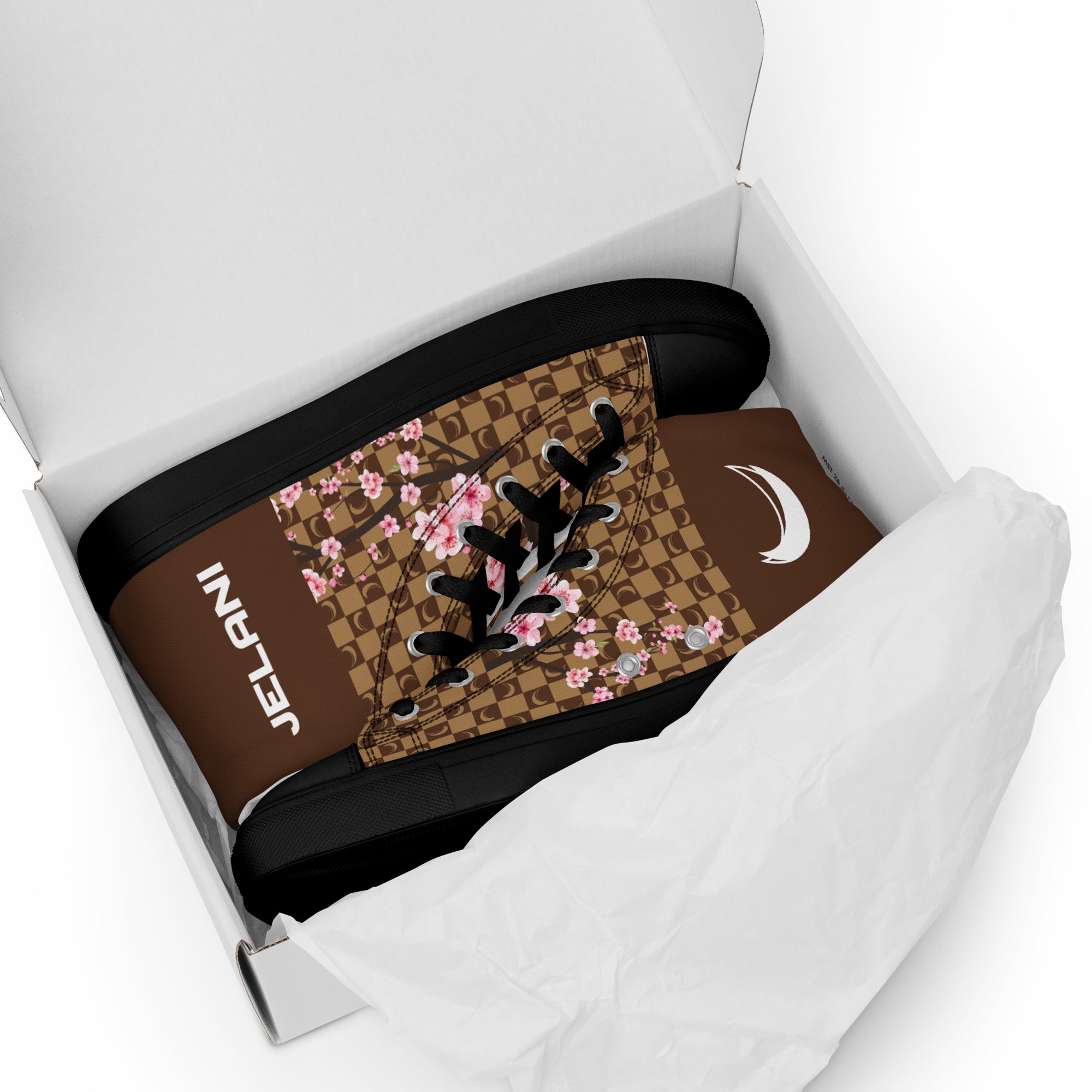 J-MOON Signature Chess Floral Men’s High Top Canvas - Chocolate Cherry Blossom