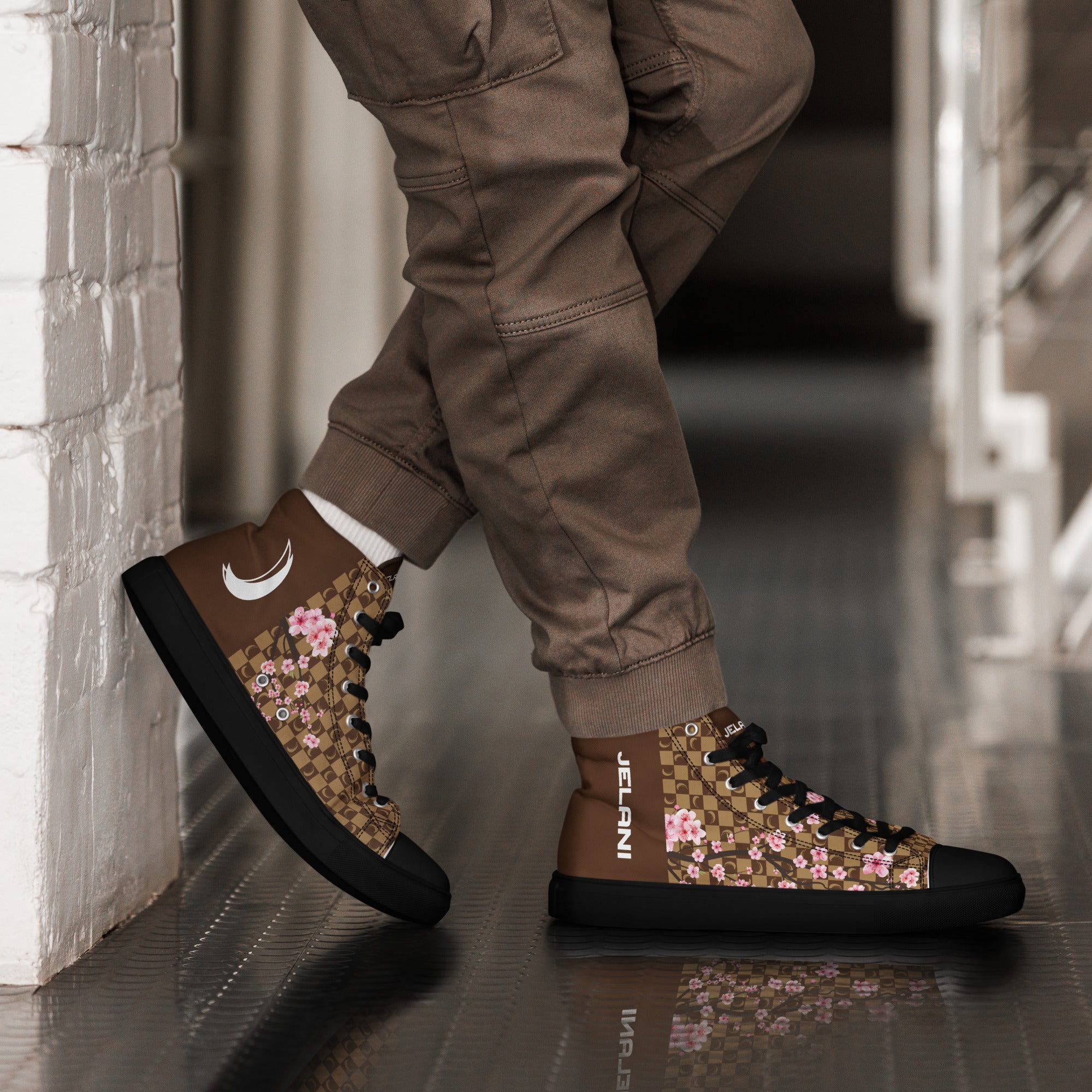 J-MOON Signature Chess Floral Men’s High Top Canvas - Chocolate Cherry Blossom