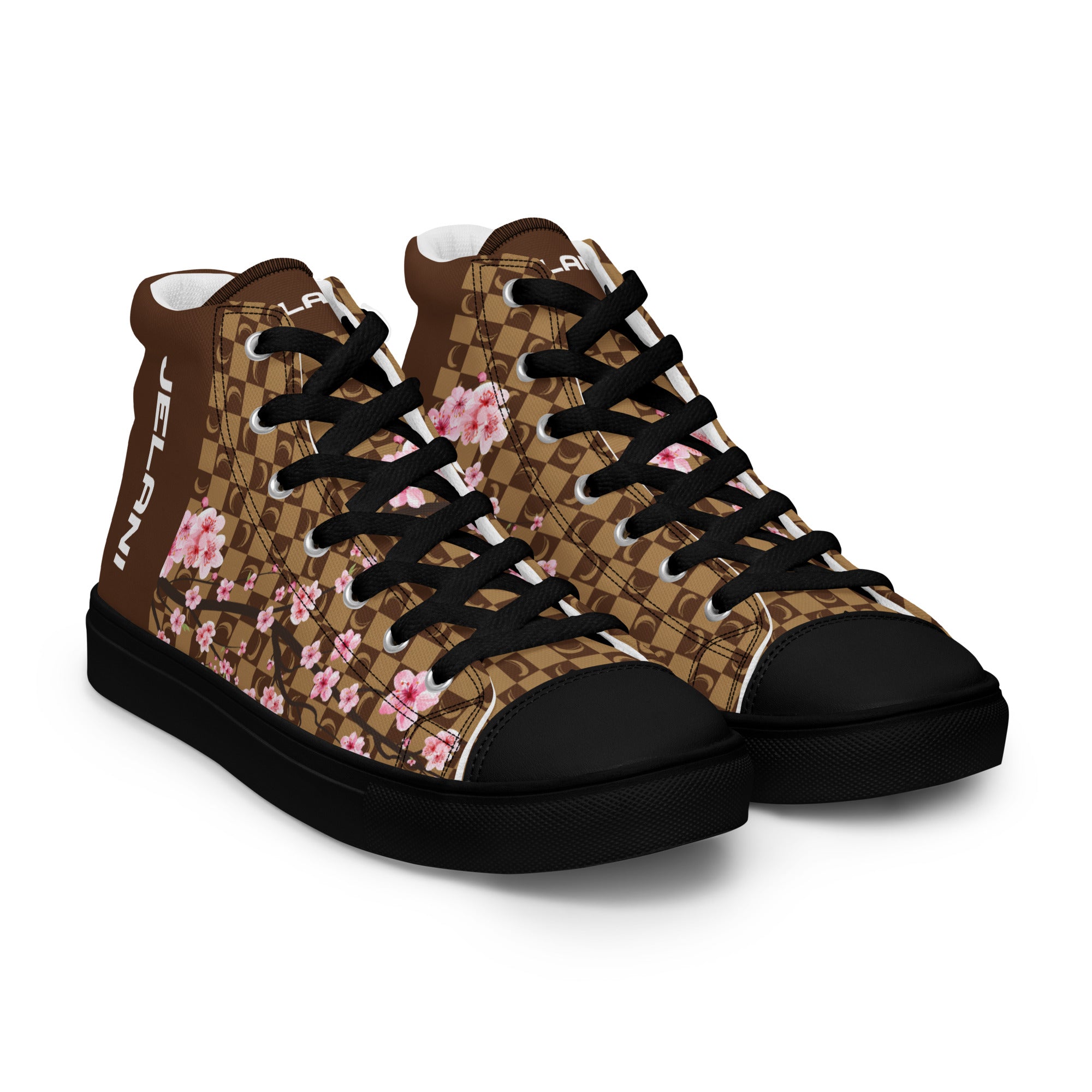 J-MOON Signature Chess Floral Men’s High Top Canvas - Chocolate Cherry Blossom