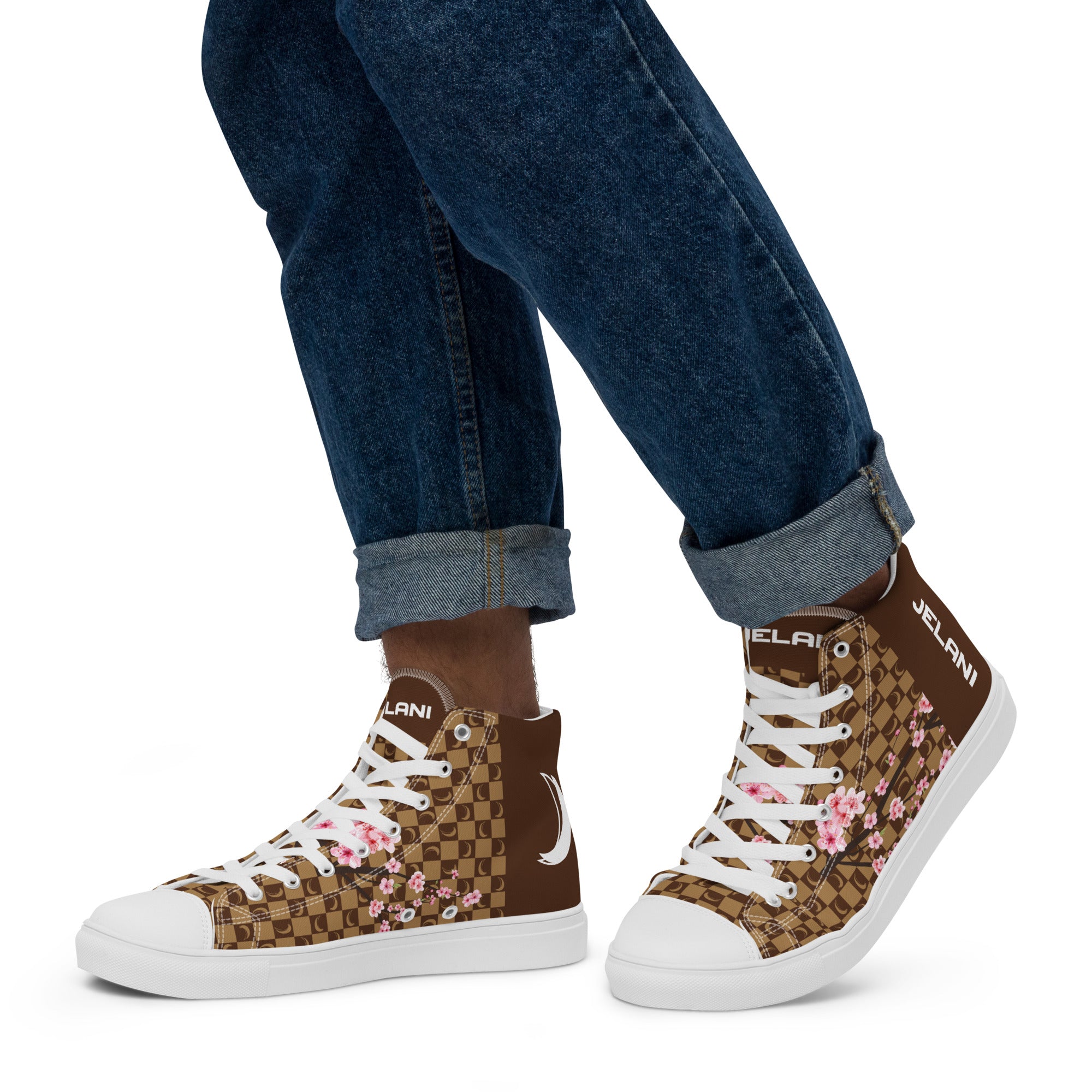 J-MOON Signature Chess Floral Men’s High Top Canvas - Chocolate Cherry Blossom