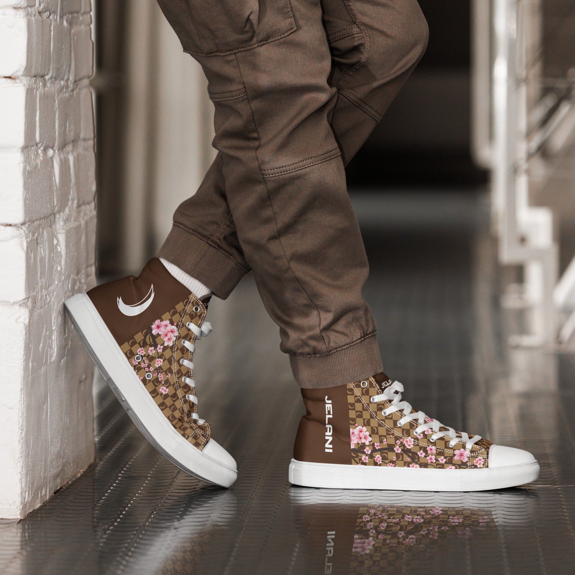 J-MOON Signature Chess Floral Men’s High Top Canvas - Chocolate Cherry Blossom