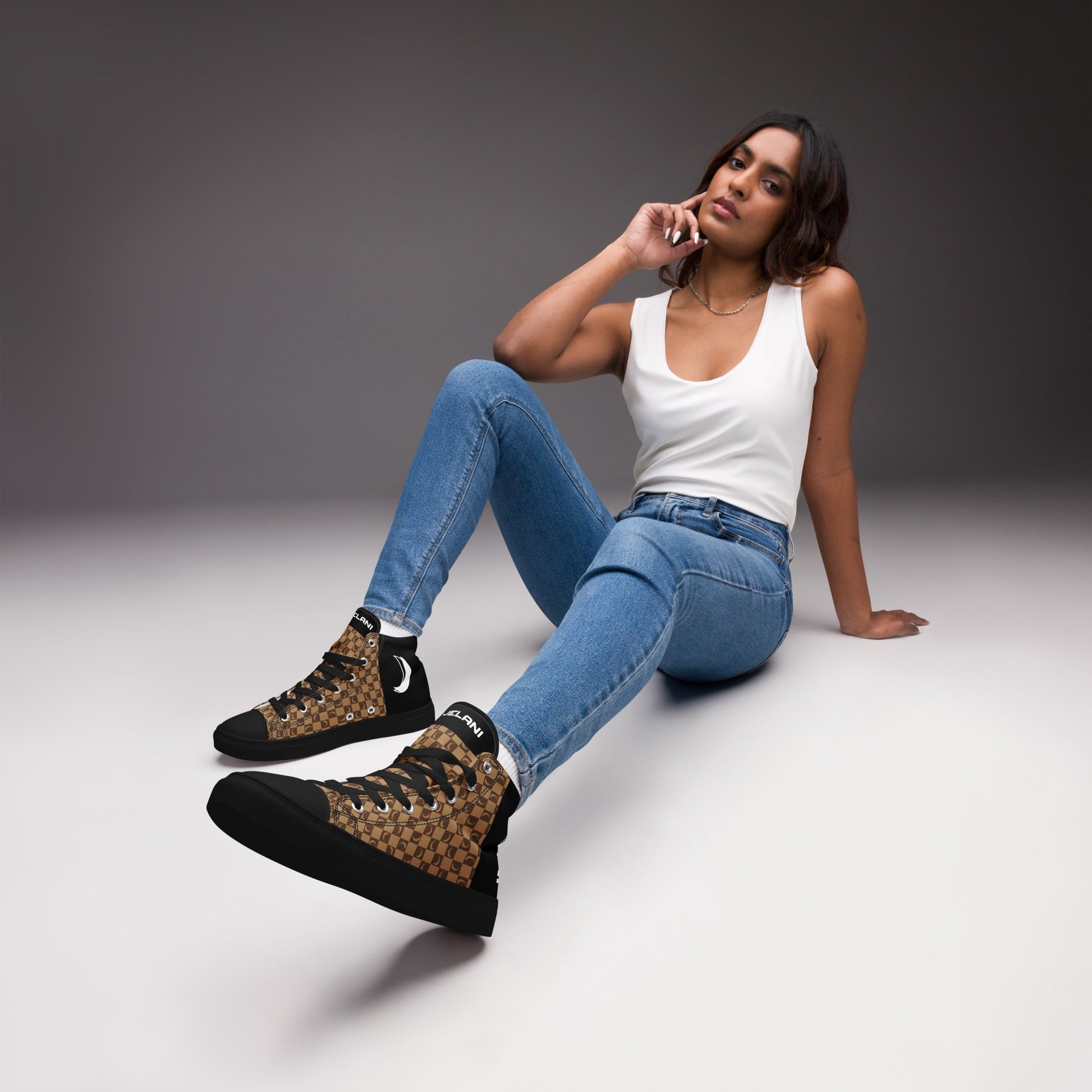 J-MOON Signature Chess Women’s High Top Canvas - Chocolate Butter JELANI